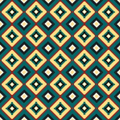 Vibrant geometric diamond pattern in teal, yellow, and cream for retro or modern designs and backgrounds