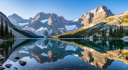 Majestic mountains tower over a pristine lake, reflecting a clear blue sky and lush green landscape, creating a picturesque view.