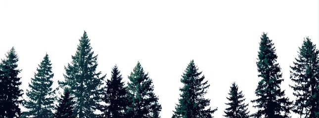 Silhouettes of evergreen trees against a white background