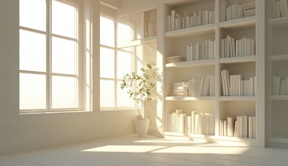 Fototapeta premium Bright and airy interior space with large , sunlight streaming in, and a tall bookshelf filled with books and decorative items, creating a cozy and inviting atmosphere