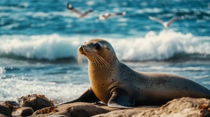 Fototapeta premium Relaxing sea lion on rocky beach coastal marine life close-up serene ocean environment natural habitat perspective
