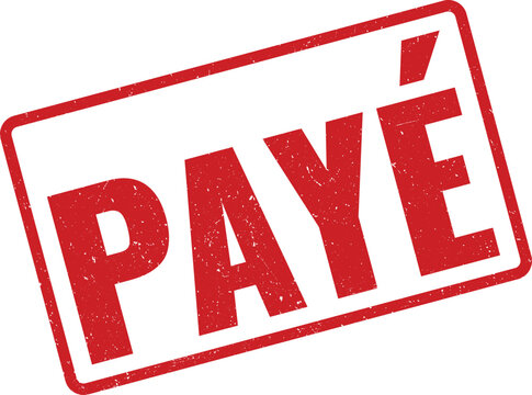Red rubber stamp with the French word PAY&Eacute; meaning paid, distressed texture, grunge style