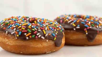 Two ring donuts glazed with chocolate  sprinkles are presented on a white surface focus on the front donut capturing its texture and colors - Powered by Adobe