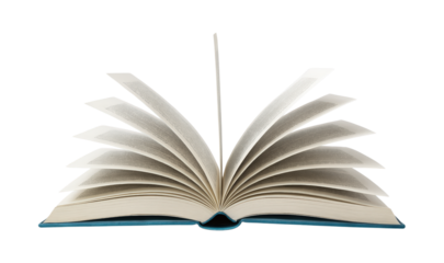A beautiful open hardcover book with a blue cover, its pages elegantly fanned out and turning in motion, Isolated on Transparent and White Background