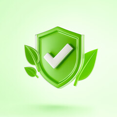 Eco-friendly green shield with white check mark and leaves, glossy translucent icon symbolizing environmental safety, sustainability, and eco certification
