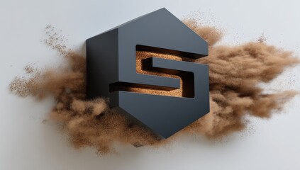Dark, stylized 'S' logo, surrounded by erupting brown dust