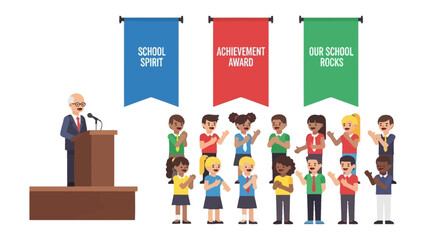 Inspiring Achievement: A distinguished leader addresses a group of enthusiastic students at a school event, banners highlighting school spirit and achievements.