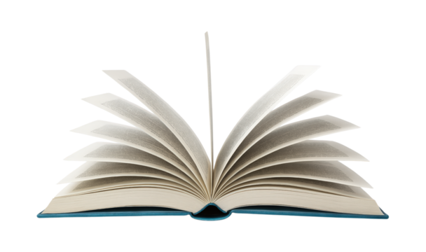 A beautiful open hardcover book with a blue cover, its pages elegantly fanned out and turning in motion, Isolated on Transparent and White Background