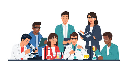 Scientific Collaboration: A diverse group of scientists collaborate in a modern laboratory setting, exemplifying teamwork and the pursuit of scientific discovery.