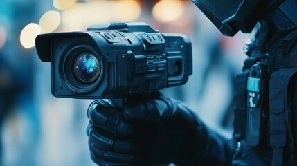 Security guard adjusting camera focus urban environment conceptual image focus on surveillance dynamic viewpoint for enhanced security awareness