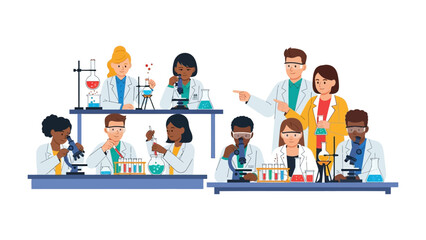 Scientific Breakthrough: A team of scientists collaborating in a laboratory setting, exploring a variety of experiments and making scientific advances
