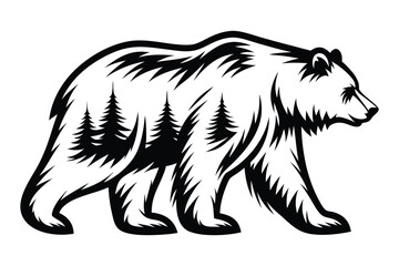 Walking Bear with Pine Trees on White Background Design