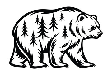 Striking Black Bear Silhouette Filled with Evergreen Trees on White Background