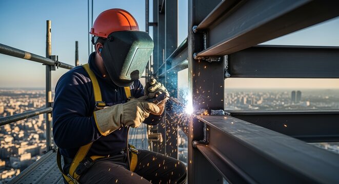 A construction worker with protective gear carefully welds metal beams on a high-rise building in broad daylight.