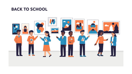 Back to School Art Exhibition: A vibrant art exhibition welcomes students back to school, featuring a diverse group of children interacting with various artworks and fostering creativity.