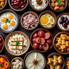 Fototapeta premium Overhead view of various bowls filled with diverse food ingredients and dishes
