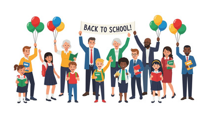 Back to School Celebration: Diverse students and teachers gather with balloons and banners, filled with anticipation for the new academic year, a scene that radiates joy, excitement.