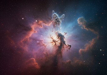 A spectacular deep space view of a glowing cosmic nebula, with towering pillars of interstellar gas and dust where stars are born.