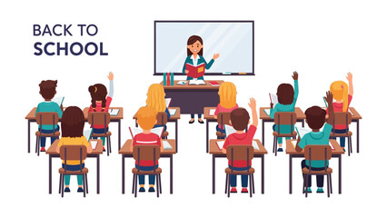 Back to School: A vibrant classroom scene, where students actively engage with their teacher, embodying the spirit of education and learning.
