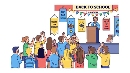 Back to School Speech: A spirited principal delivers an inspiring address to a diverse group of students, set against the backdrop of vibrant Back to School decorations.