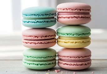 Fototapeta premium Stack of pastel colored macarons providing a sweet delightful and attractive visual experience in
