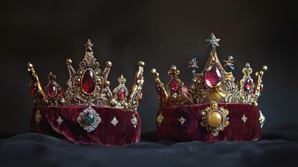 Ornate crowns with precious stones and velvet bands.