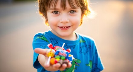 Joyful child shares colorful candy, beaming with happiness in warm golden hour light