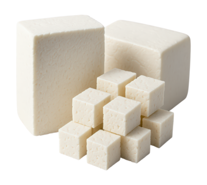 Fresh blocks and diced cubes of soft white Tofu, Feta or Paneer cheese, a healthy dairy food ingredient, Isolated on Transparent and White Background