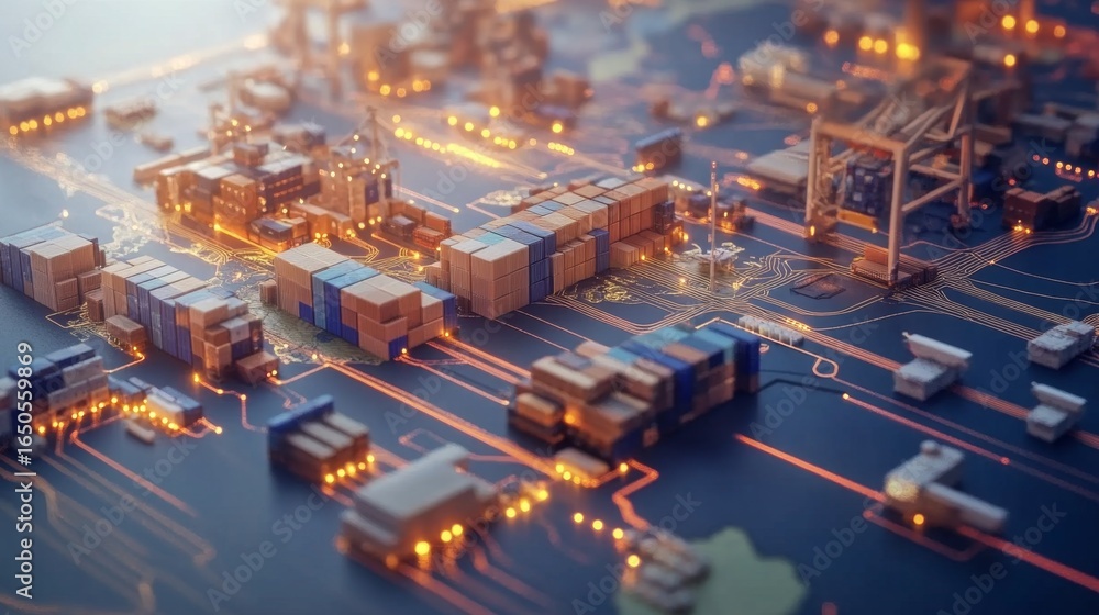 Poster connecting global trade a dynamic world map with glowing paths linking supply chains digital environ