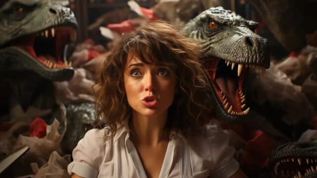 In a vibrant themed attraction, a woman interacts with life-like animatronic dinosaurs while surrounded by a dynamic atmosphere filled with excitement. The setting creates a thrilling adventure