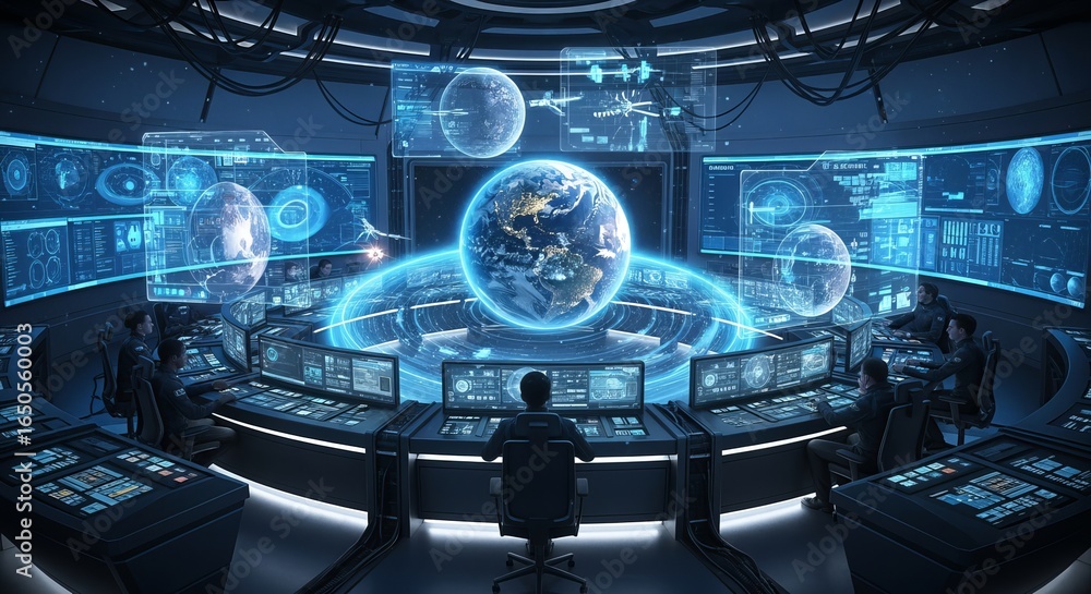 Poster the control center displays global data with various monitors and holographic projections, providing