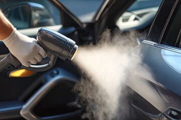 Handheld steamer cleans car door. Steam, emanating from a gray device, is directed at a dark gray car door.  A gloved hand holds the nozzle