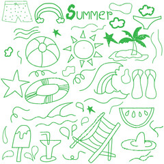 Hand drawn summer beach holiday doodles. Collection of playful hand drawn doodles representing summer vacation themes including sun, waves, beach accessories, drinks, and tropical fun. 

