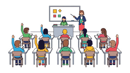 Classroom Learning Moment: A lively classroom scene unfolds as students raise their hands to answer a question, with a dedicated teacher guiding them. Capturing the essence of education and learning