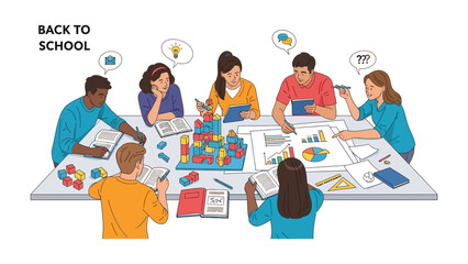 Collective Learning: Illustrative scene depicting students gathering around a desk, immersed in collaborative study and animated discussion. A diverse student community at work.