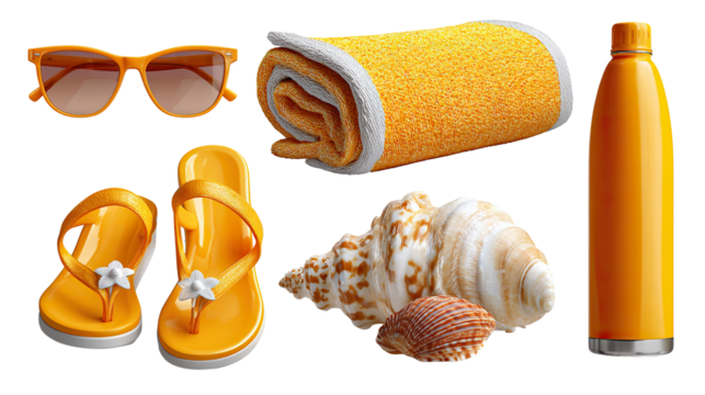 Beach Day Essentials: A vibrant compilation of essential summer items, including stylish sunglasses, a fluffy rolled towel, comfortable sandals, a refreshing water bottle, and delicate seashells.