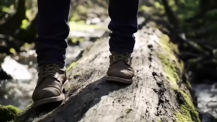 Hiking boots on log over a stream