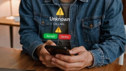 Futuristic interface showing suspicious caller alert with accept or decline options, representing phone security and fraud prevention. - Powered by Adobe