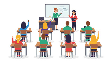 Teaching Moment: A classroom setting showcases the dynamic exchange between a teacher and students. Capturing the essence of education, with a diverse group of students and teachers.