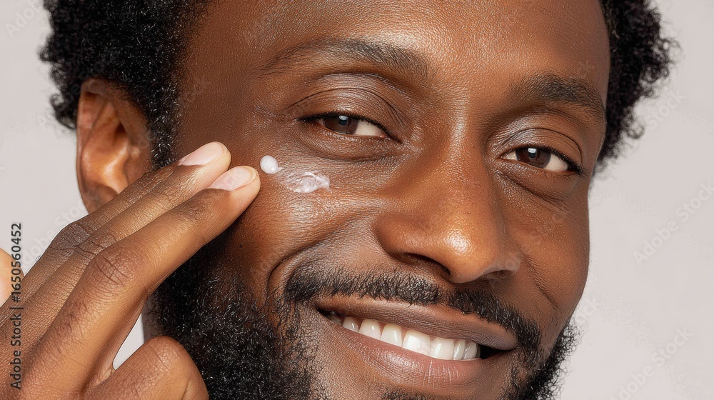 Poster man applying moisturizer to his face with a smile while showcasing skincare routine indoors