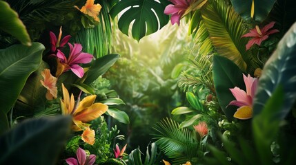 Explore the vibrant green jungle flyer design nature-themed event lush environment artistic viewpoint eye-catching concept for eco-friendly marketing
