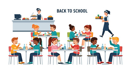 Lunchtime Gatherings: A vibrant illustration showcasing students enjoying lunch together in a lively cafeteria, highlighting the essence of a bustling school environment.