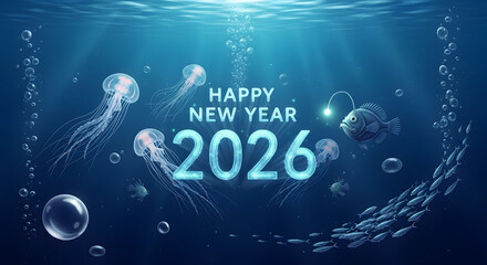 Happy New Year 2026 Underwater Greeting with Jellyfish, Fish, and Bubbles.