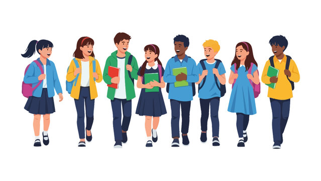 Diverse Students Heading to School: A vibrant illustration captures a diverse group of students walking toward the school, embodying education, community, and youthful energy.