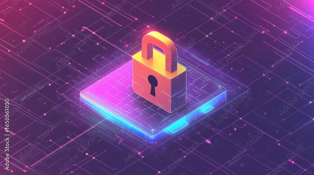 Poster securing the future futuristic lock icon over technology grid digital environment visual concept for