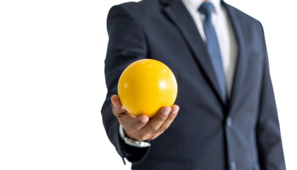 Professional's refined hand in business casual cuff, subtle watch, holding vibrant yellow sphere against blurred office, high-key studio light, embodying strategic opportunity capture isolated on Png