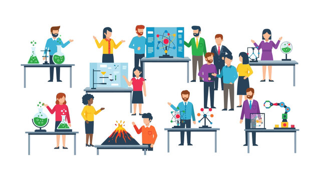 Science fair showcase: Illustrative depiction of various student presentations and demonstrations at a science fair, showcasing a variety of scientific principles and projects.
