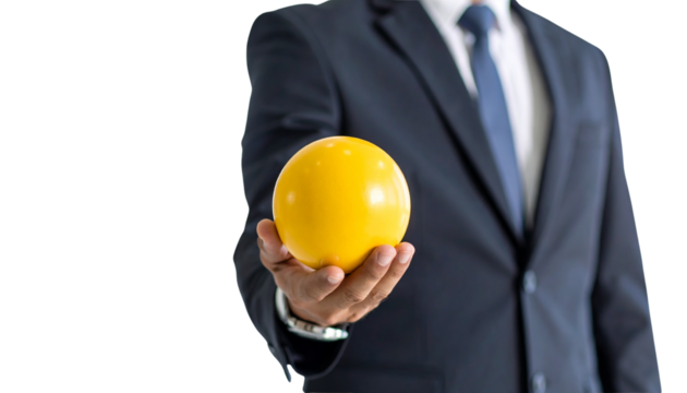 Professional's refined hand in business casual cuff, subtle watch, holding vibrant yellow sphere against blurred office, high-key studio light, embodying strategic opportunity capture isolated on Png