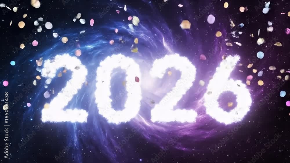 Poster year 2026 is displayed with a bright cloudlike effect against a space background with falling confet
