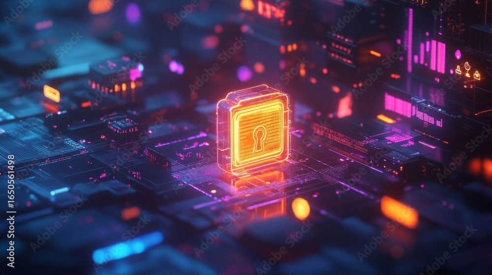 Poster unlocking innovation a glowing digital lock above a high-tech network futuristic digital environment